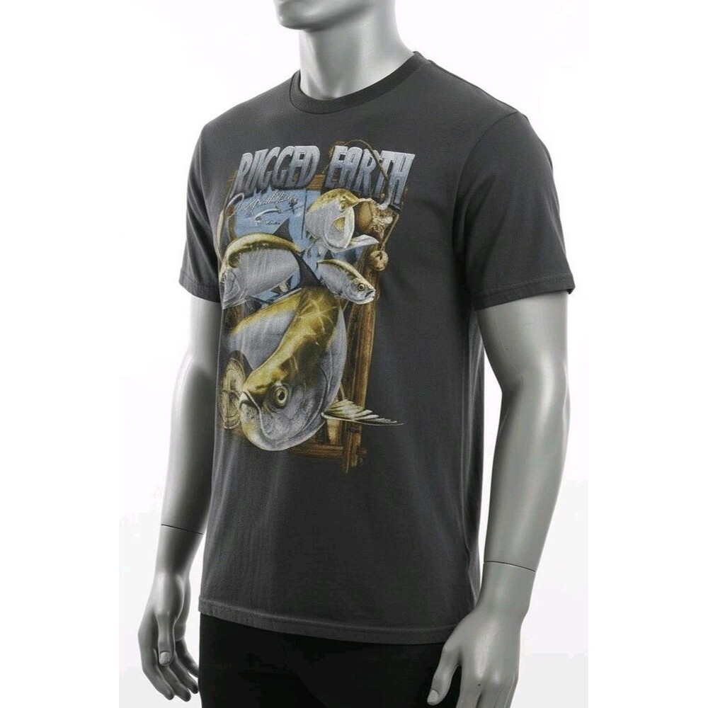 Men's L Rugged Earth Outfitters T-Shirt Gray Fish Graphic Fishing Tarpon Sailfis